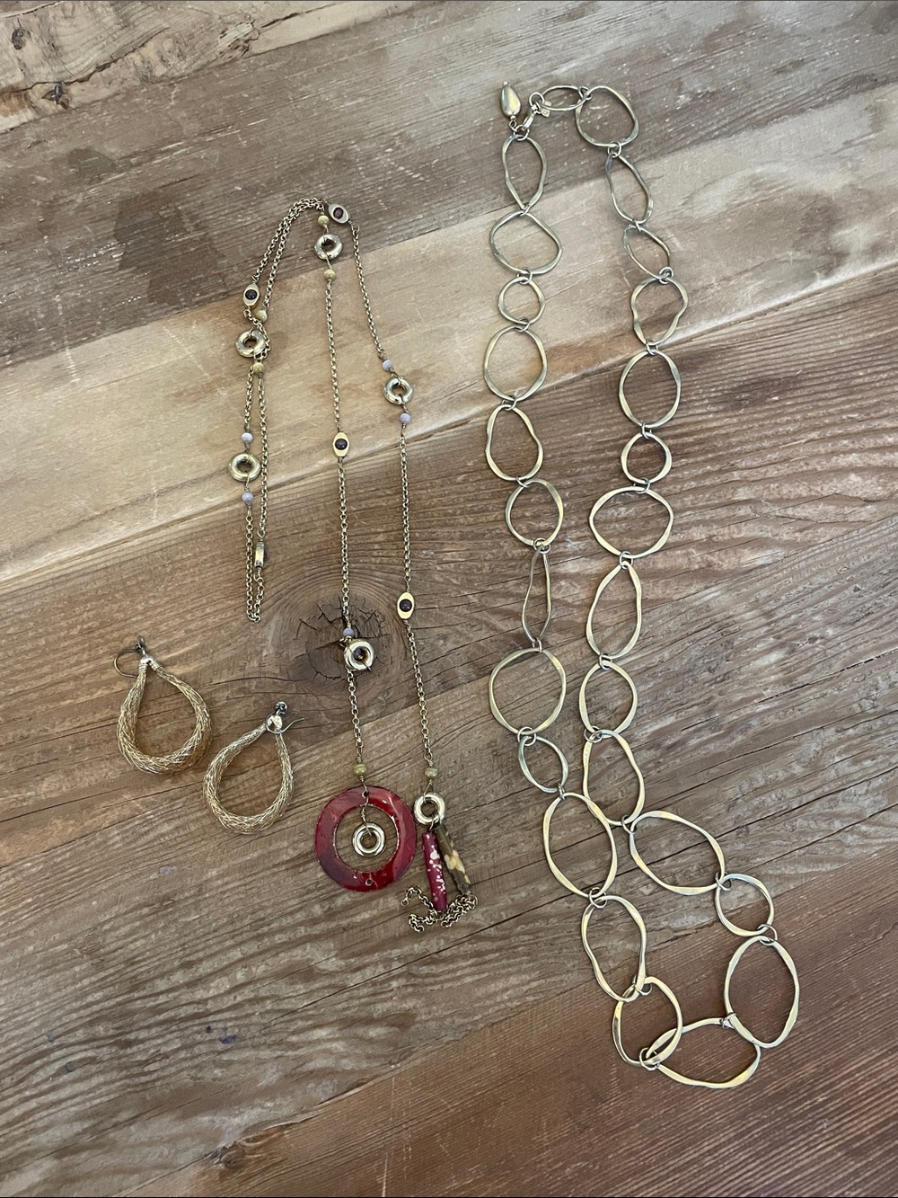 Gold Tone Multi-Link Necklace with Red Pendant and Hoop Earrings - Women Jewelry